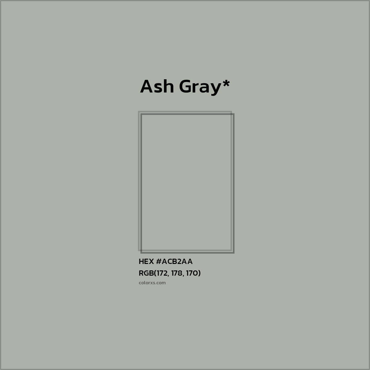#ACB2AA hex color. RGB, RYB, CMYK, HSL, HSV codes and color conversions. Matching color names, palettes, paints.