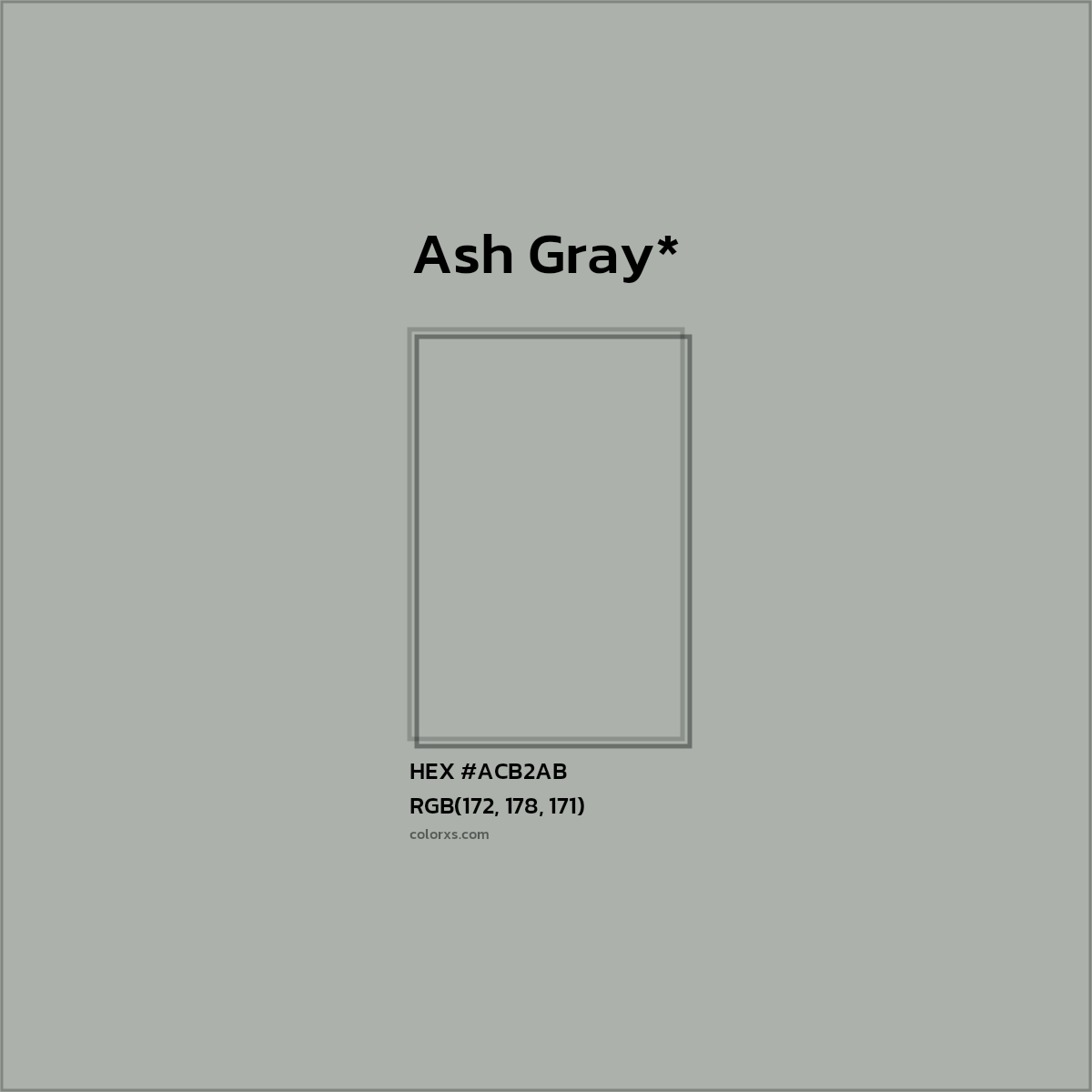 #ACB2AB hex color. RGB, RYB, CMYK, HSL, HSV codes and color conversions. Matching color names, palettes, paints.