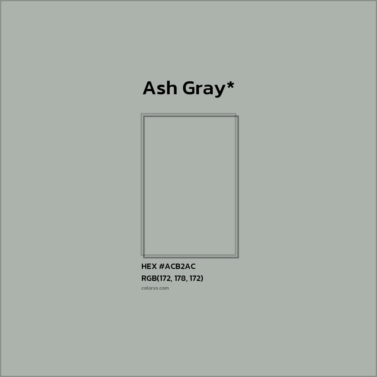 #ACB2AC hex color. RGB, RYB, CMYK, HSL, HSV codes and color conversions. Matching color names, palettes, paints.