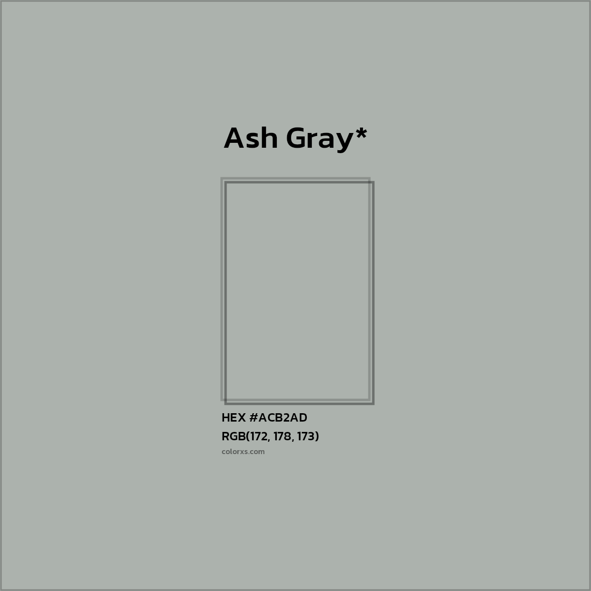 #ACB2AD hex color. RGB, RYB, CMYK, HSL, HSV codes and color conversions. Matching color names, palettes, paints.