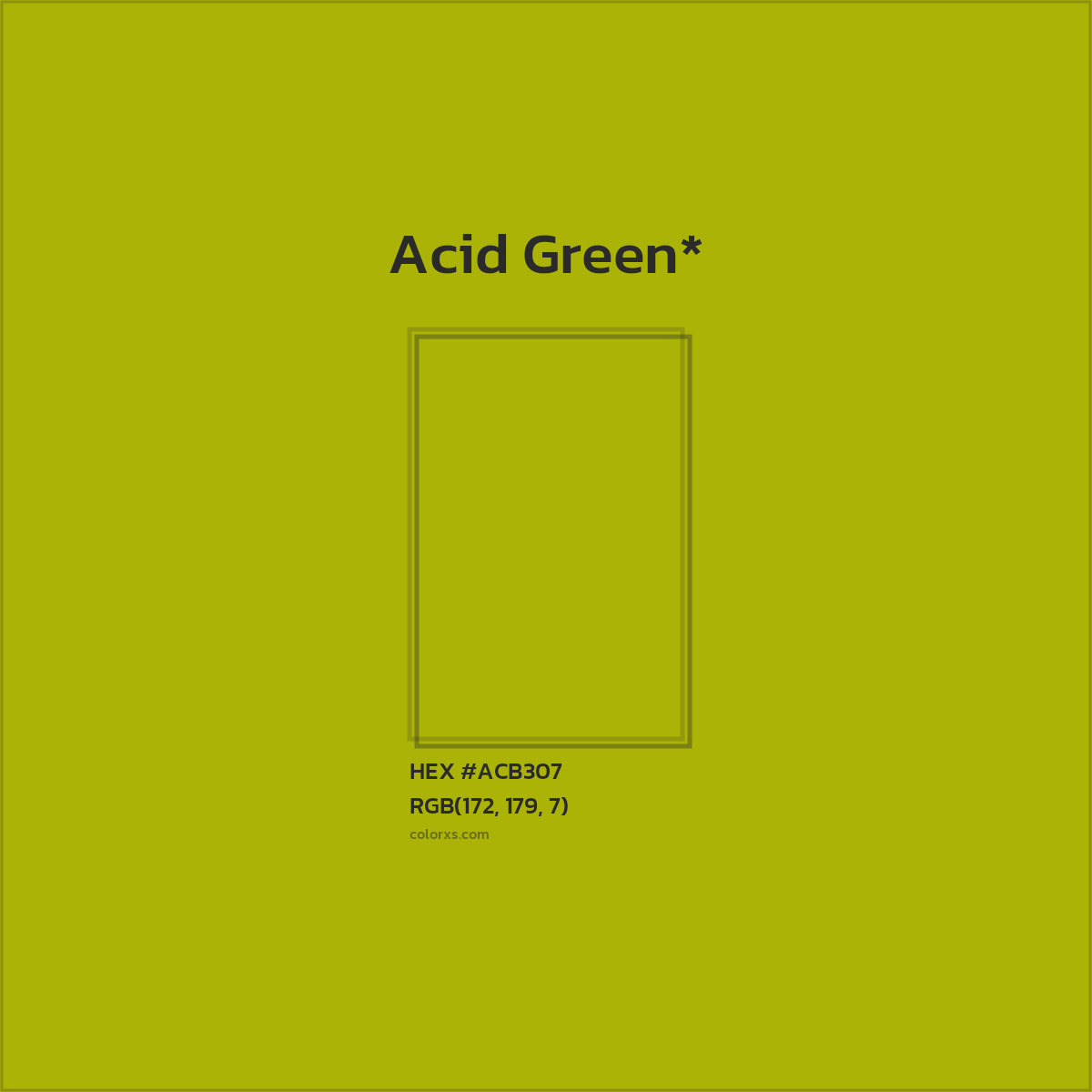 #ACB307 hex color. RGB, RYB, CMYK, HSL, HSV codes and color conversions. Matching color names, palettes, paints.