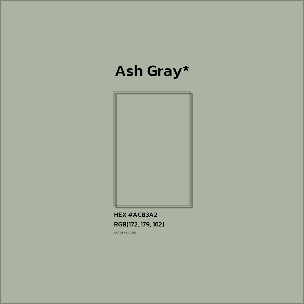 #ACB3A2 hex color. RGB, RYB, CMYK, HSL, HSV codes and color conversions. Matching color names, palettes, paints.
