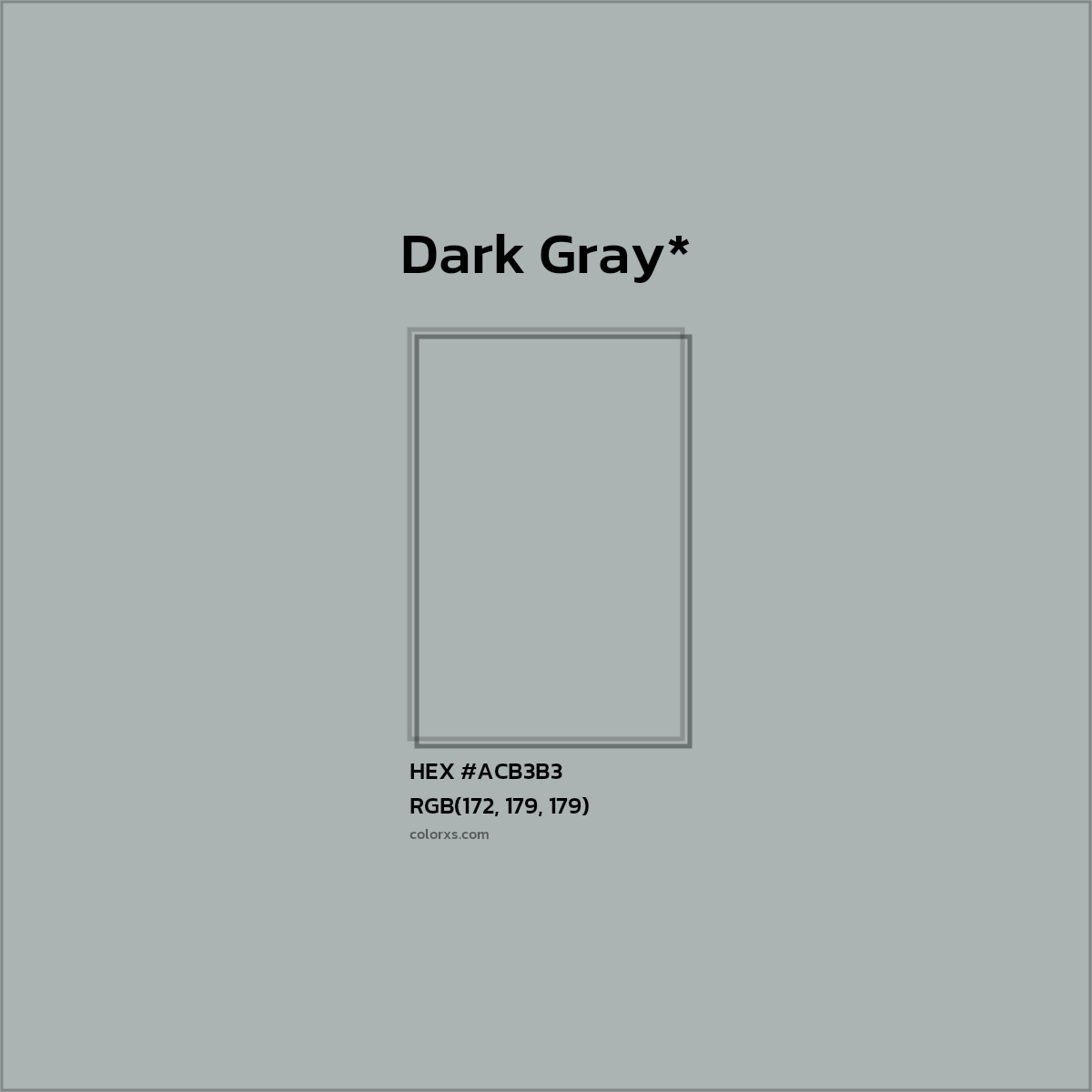 #ACB3B3 hex color. RGB, RYB, CMYK, HSL, HSV codes and color conversions. Matching color names, palettes, paints.