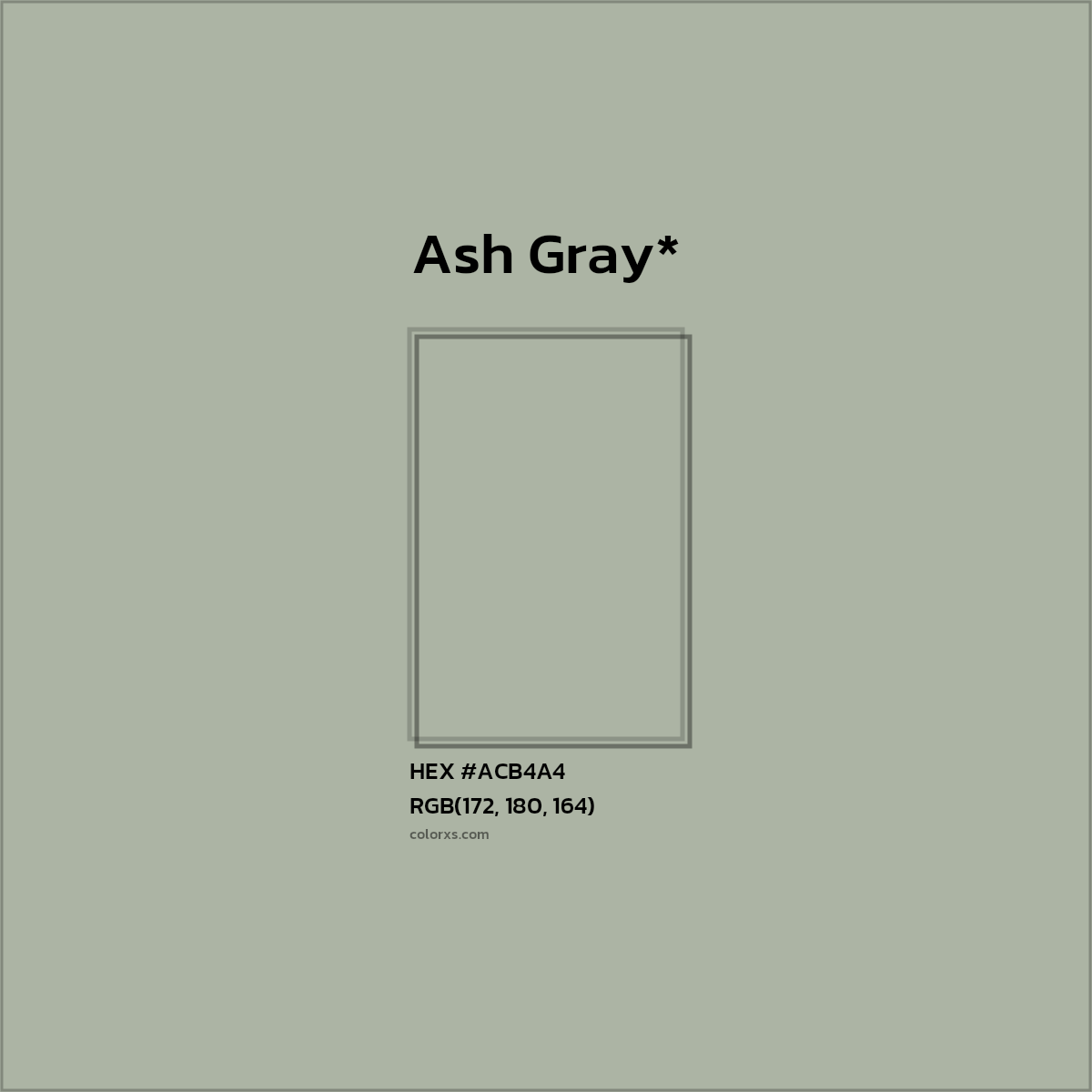 #ACB4A4 hex color. RGB, RYB, CMYK, HSL, HSV codes and color conversions. Matching color names, palettes, paints.