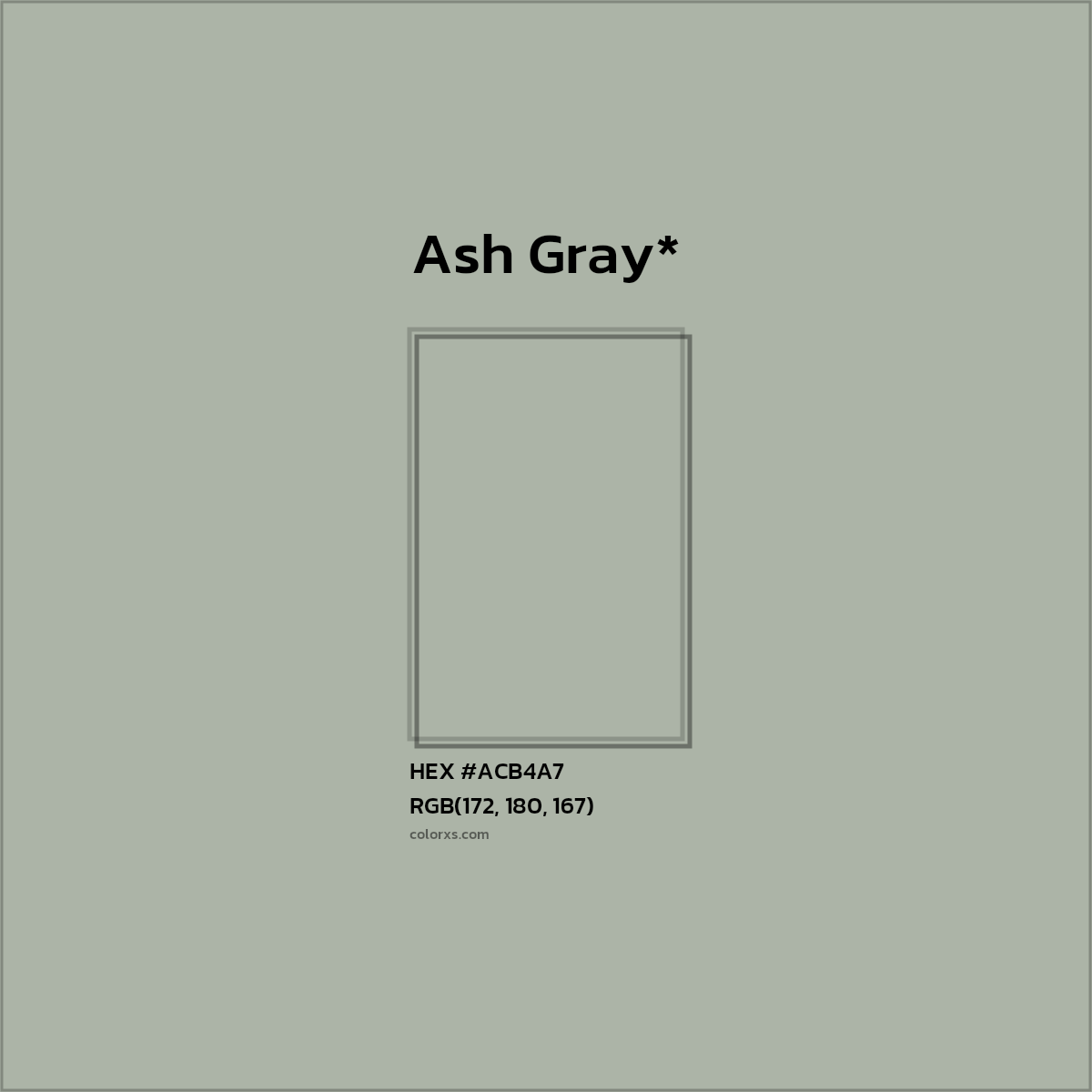 #ACB4A7 hex color. RGB, RYB, CMYK, HSL, HSV codes and color conversions. Matching color names, palettes, paints.