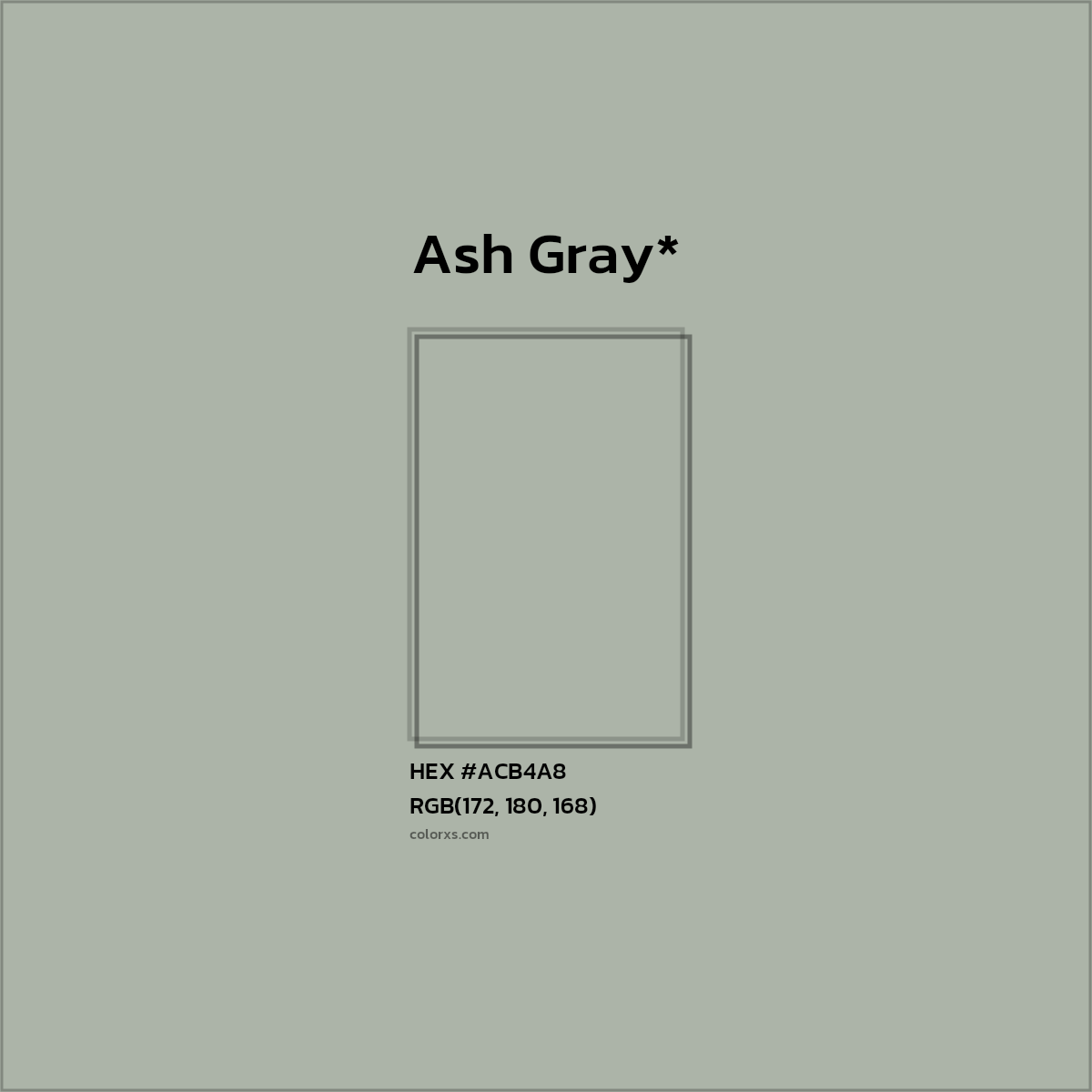 #ACB4A8 hex color. RGB, RYB, CMYK, HSL, HSV codes and color conversions. Matching color names, palettes, paints.