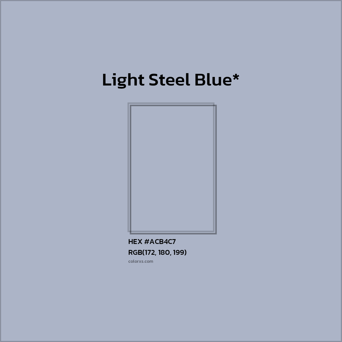 #ACB4C7 hex color. RGB, RYB, CMYK, HSL, HSV codes and color conversions. Matching color names, palettes, paints.