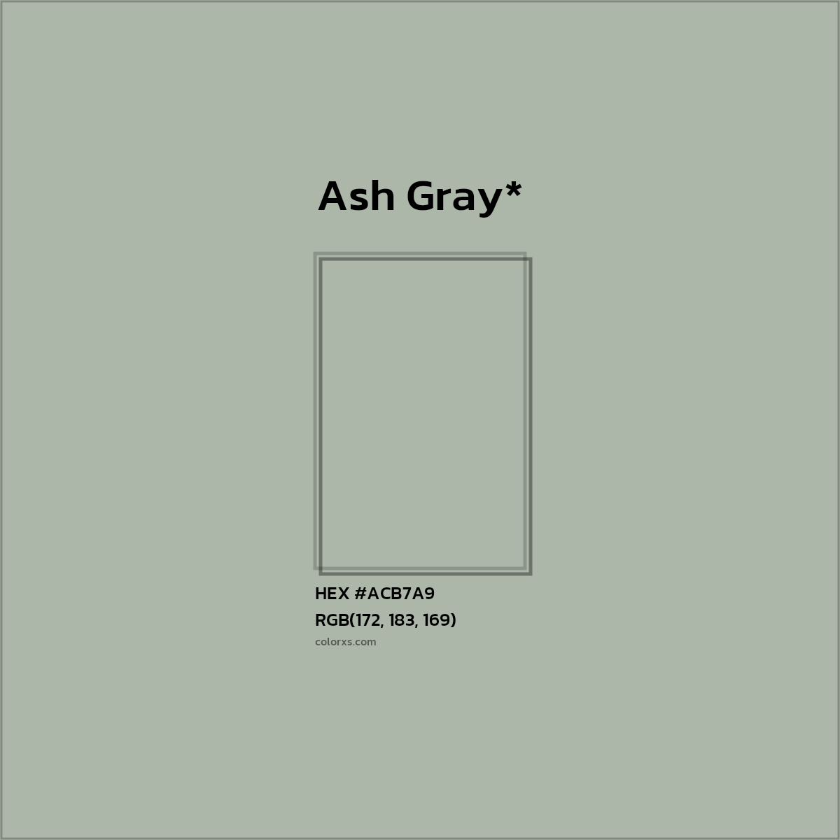 #ACB7A9 hex color. RGB, RYB, CMYK, HSL, HSV codes and color conversions. Matching color names, palettes, paints.