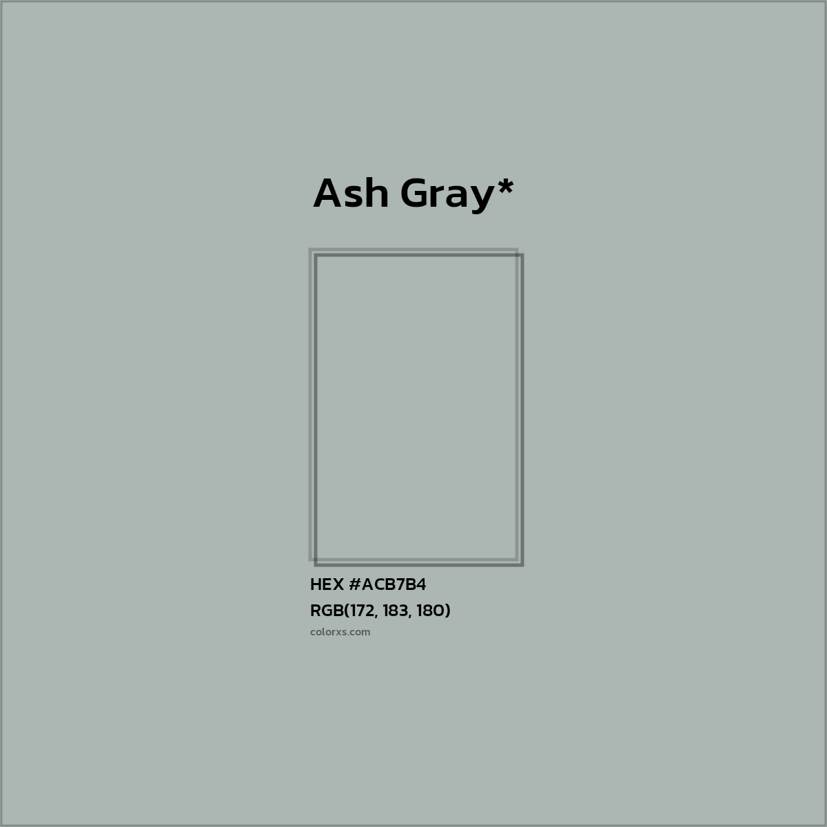 #ACB7B4 hex color. RGB, RYB, CMYK, HSL, HSV codes and color conversions. Matching color names, palettes, paints.