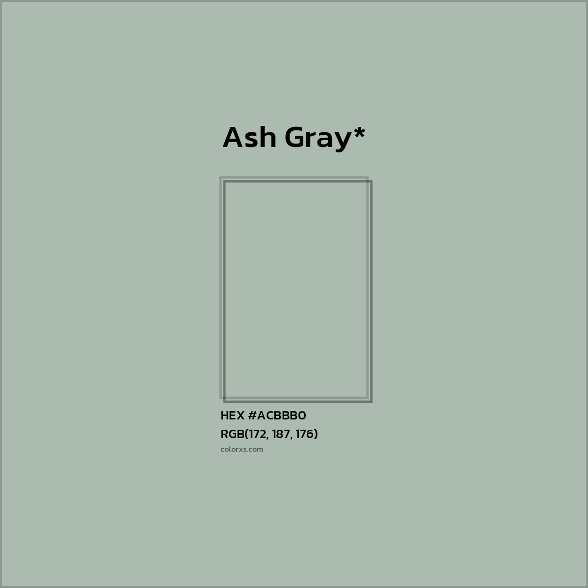 #ACBBB0 hex color. RGB, RYB, CMYK, HSL, HSV codes and color conversions. Matching color names, palettes, paints.