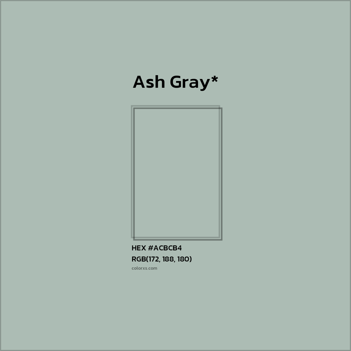 #ACBCB4 hex color. RGB, RYB, CMYK, HSL, HSV codes and color conversions. Matching color names, palettes, paints.