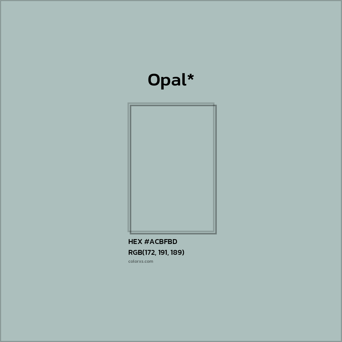 #ACBFBD hex color. RGB, RYB, CMYK, HSL, HSV codes and color conversions. Matching color names, palettes, paints.
