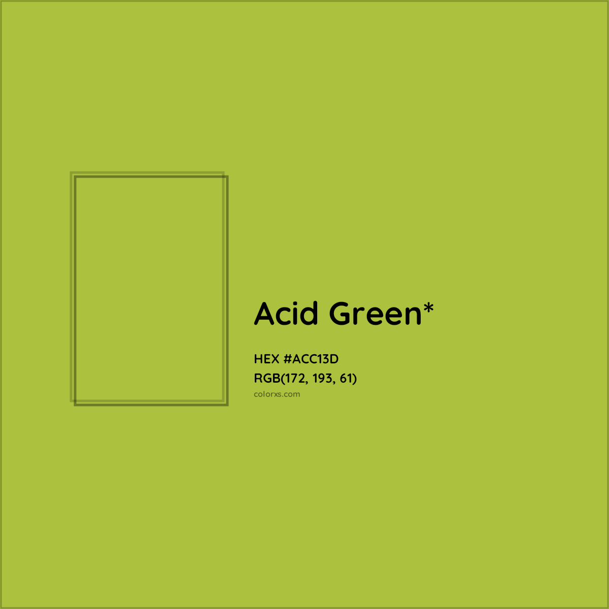 #ACC13D hex color. RGB, RYB, CMYK, HSL, HSV codes and color conversions. Matching color names, palettes, paints.