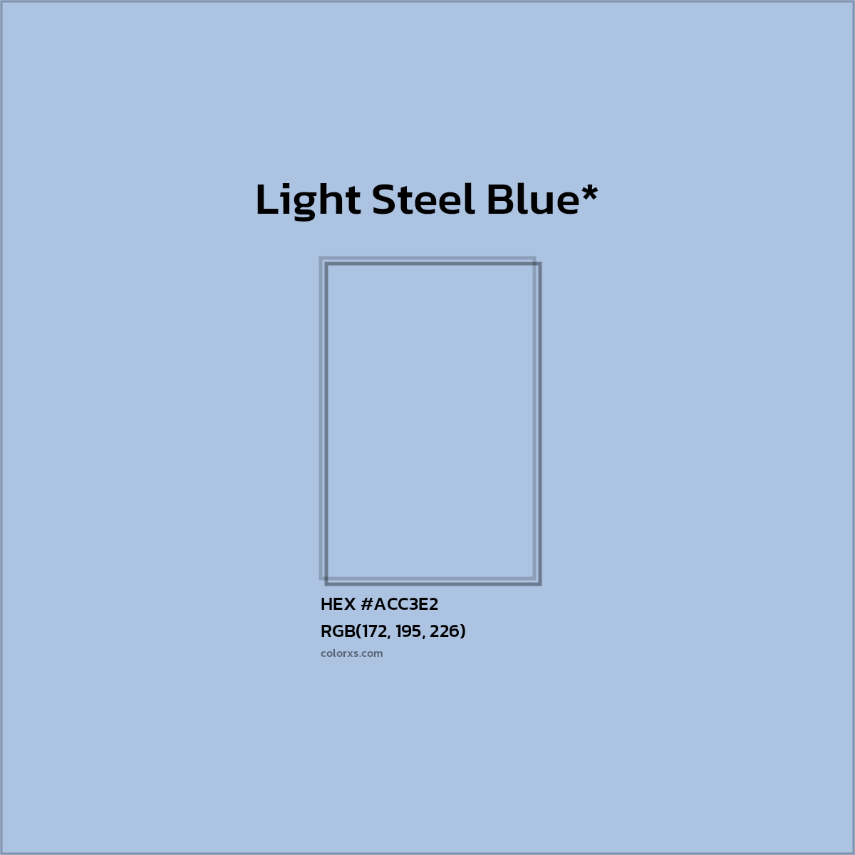 #ACC3E2 hex color. RGB, RYB, CMYK, HSL, HSV codes and color conversions. Matching color names, palettes, paints.