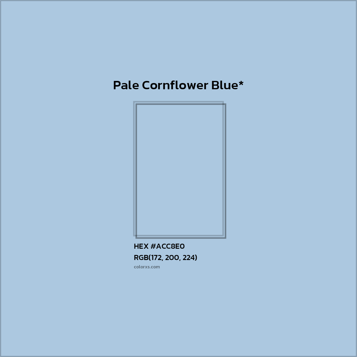 #ACC8E0 hex color. RGB, RYB, CMYK, HSL, HSV codes and color conversions. Matching color names, palettes, paints.