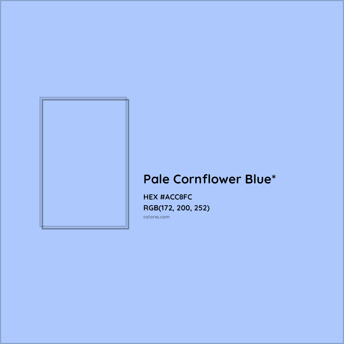 #ACC8FC hex color. RGB, RYB, CMYK, HSL, HSV codes and color conversions. Matching color names, palettes, paints.