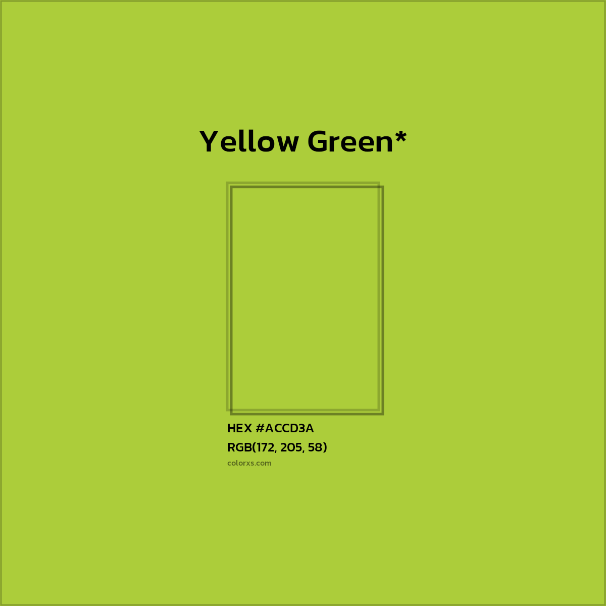 #ACCD3A hex color. RGB, RYB, CMYK, HSL, HSV codes and color conversions. Matching color names, palettes, paints.