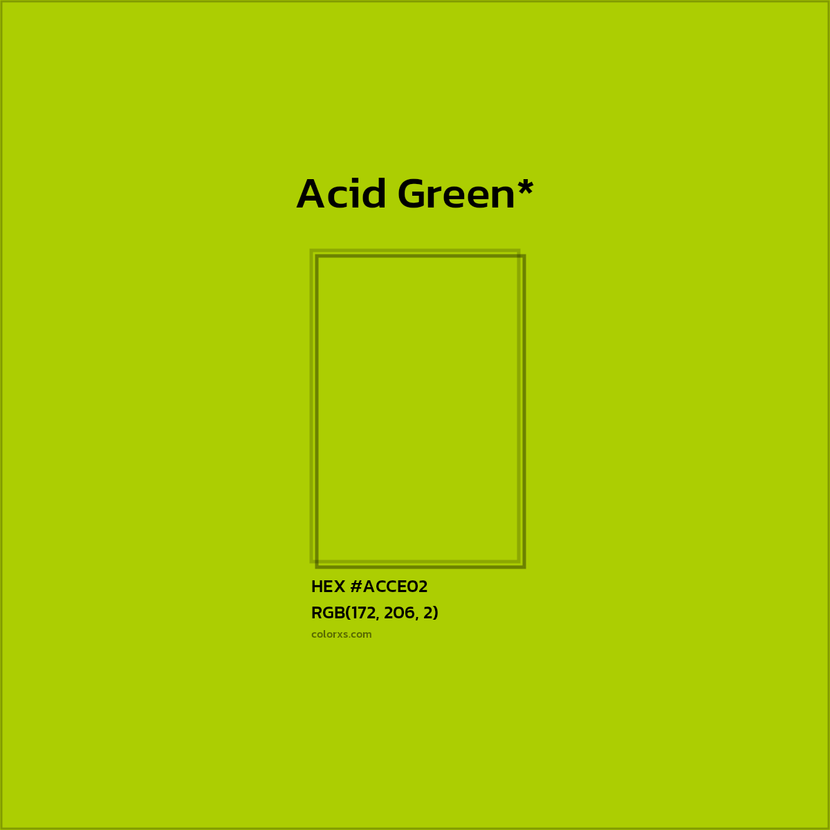 #ACCE02 hex color. RGB, RYB, CMYK, HSL, HSV codes and color conversions. Matching color names, palettes, paints.