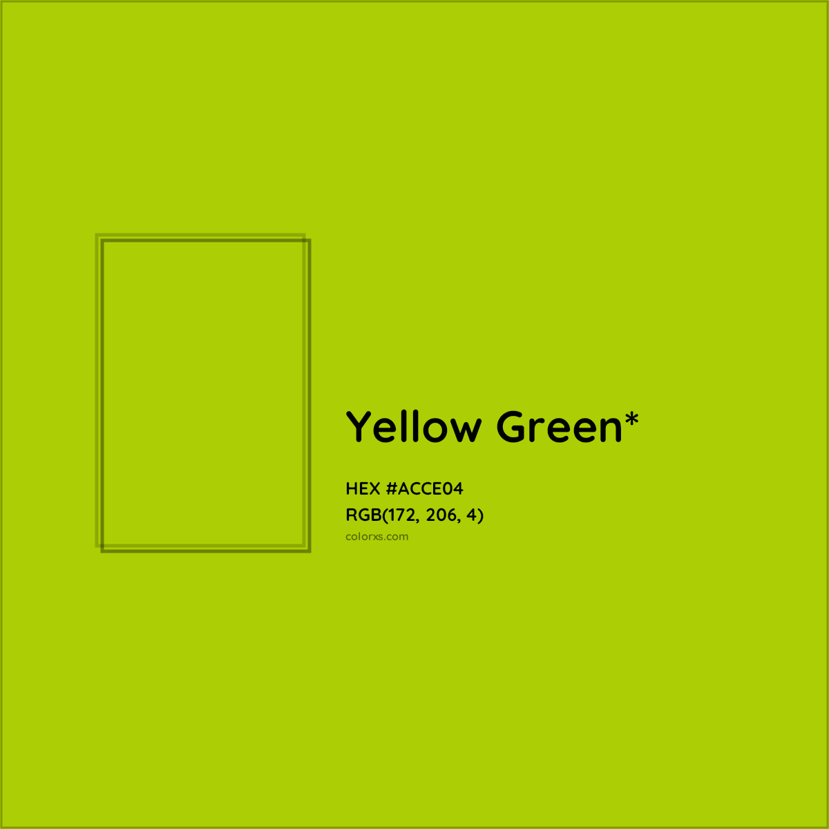 #ACCE04 hex color. RGB, RYB, CMYK, HSL, HSV codes and color conversions. Matching color names, palettes, paints.
