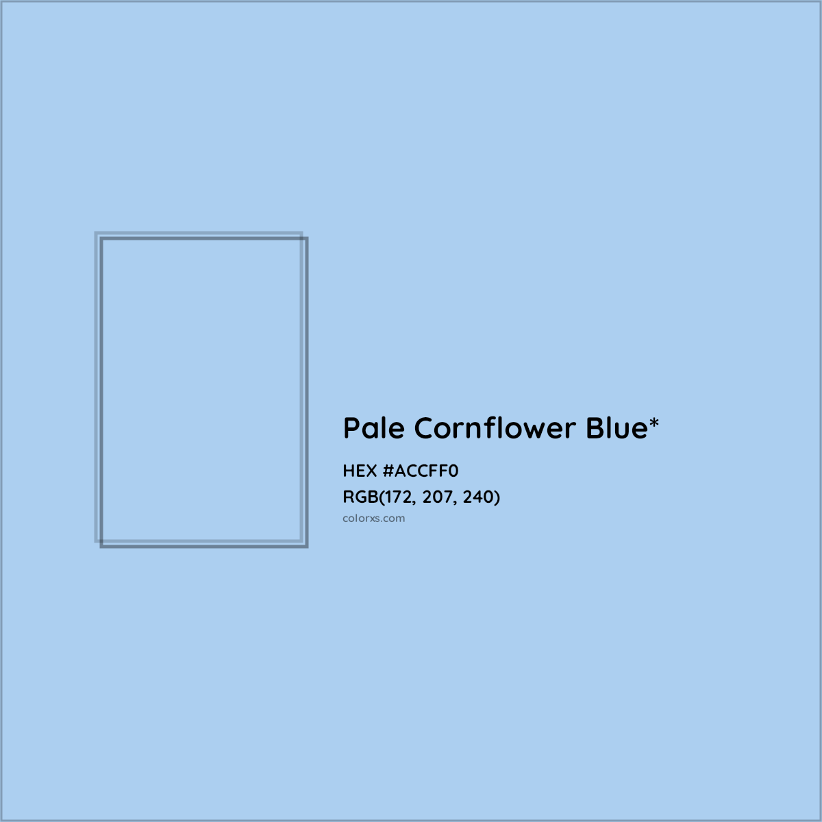 #ACCFF0 hex color. RGB, RYB, CMYK, HSL, HSV codes and color conversions. Matching color names, palettes, paints.