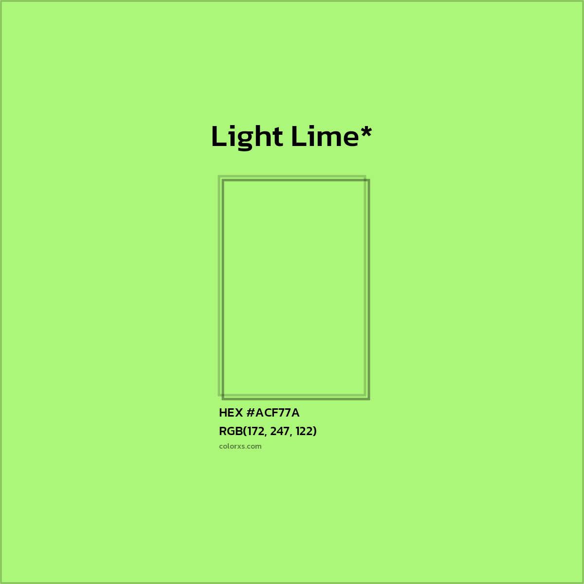 #ACF77A hex color. RGB, RYB, CMYK, HSL, HSV codes and color conversions. Matching color names, palettes, paints.