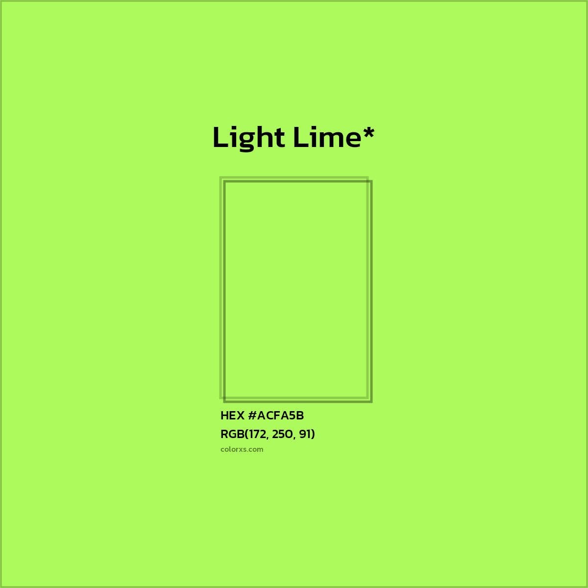 #ACFA5B hex color. RGB, RYB, CMYK, HSL, HSV codes and color conversions. Matching color names, palettes, paints.