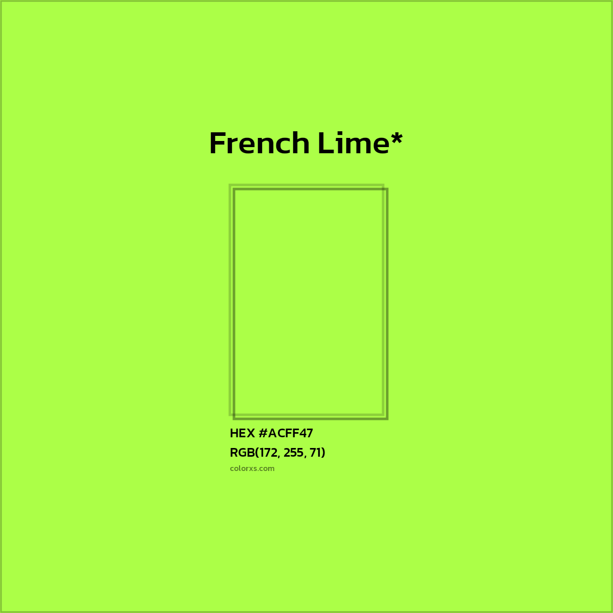 #ACFF47 hex color. RGB, RYB, CMYK, HSL, HSV codes and color conversions. Matching color names, palettes, paints.