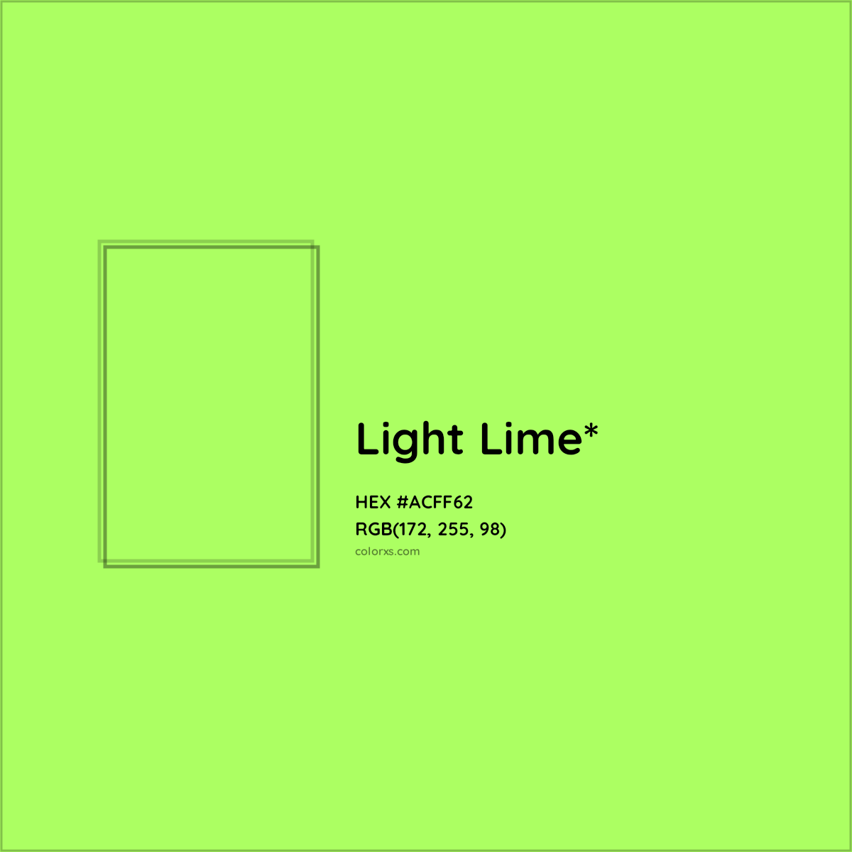 #ACFF62 hex color. RGB, RYB, CMYK, HSL, HSV codes and color conversions. Matching color names, palettes, paints.