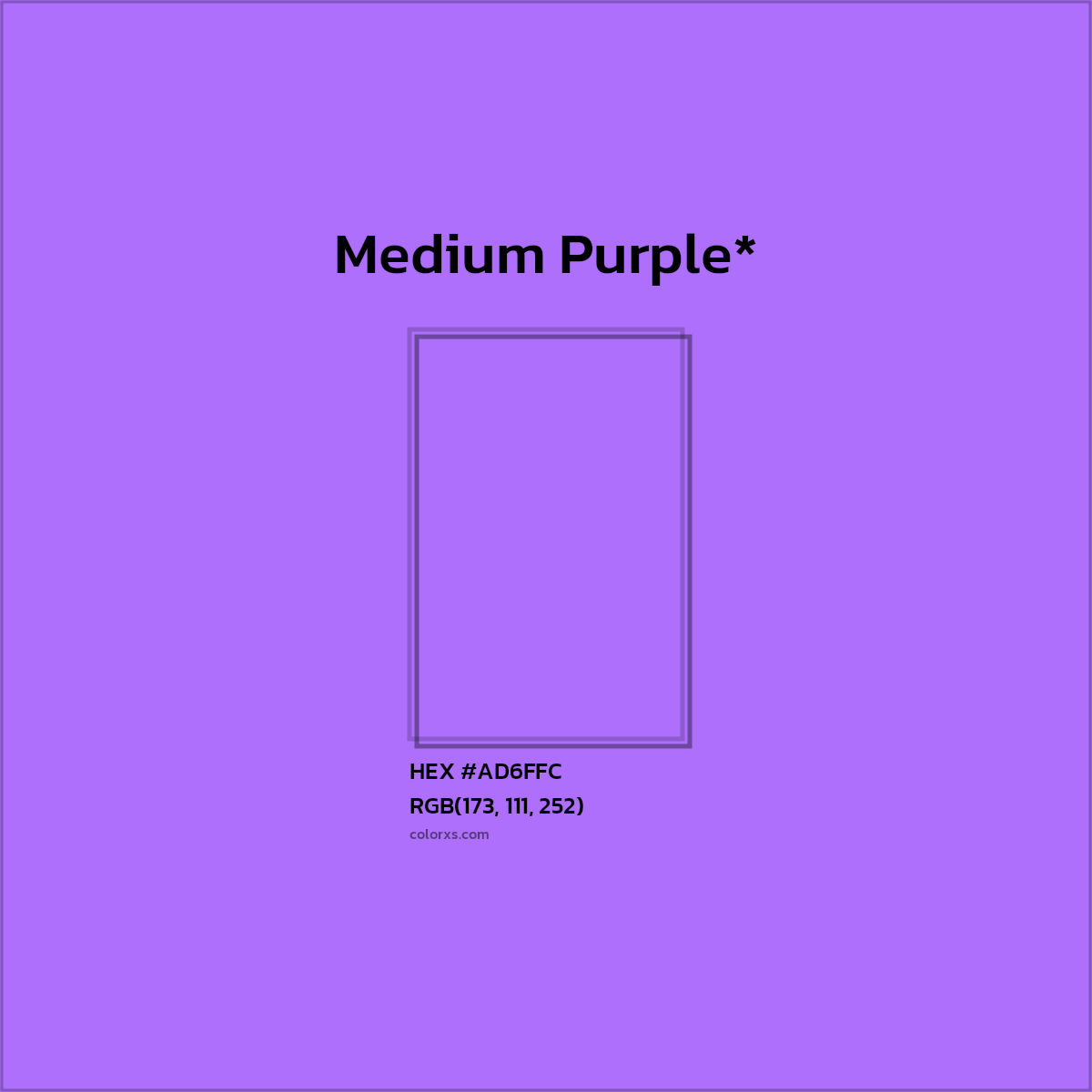 #AD6FFC hex color. RGB, RYB, CMYK, HSL, HSV codes and color conversions. Matching color names, palettes, paints.