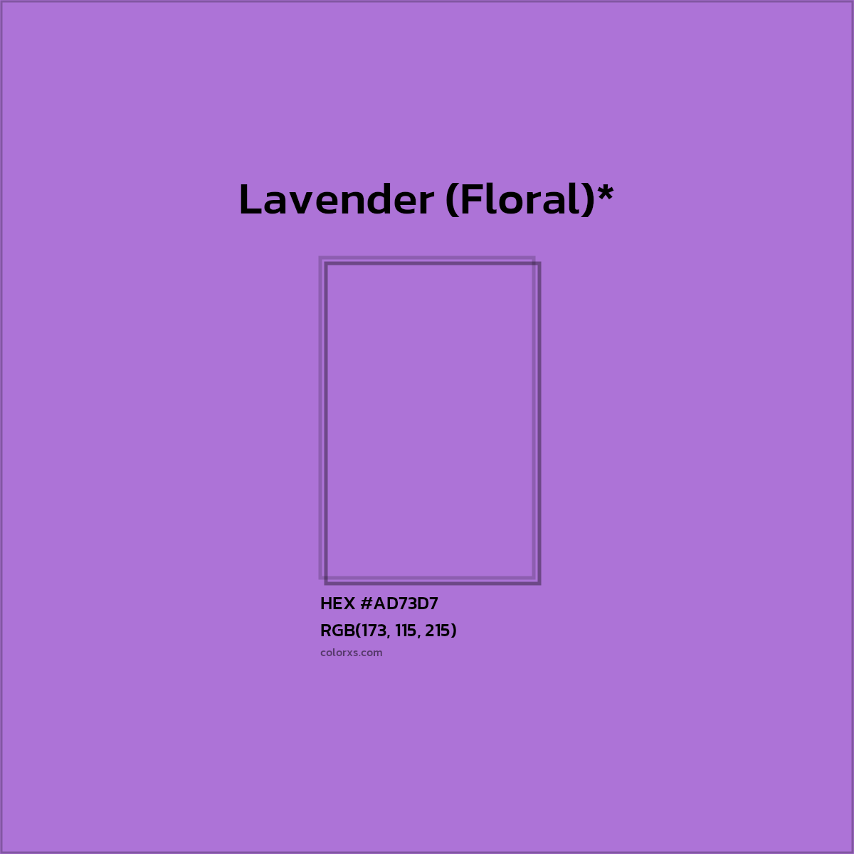 #AD73D7 hex color. RGB, RYB, CMYK, HSL, HSV codes and color conversions. Matching color names, palettes, paints.
