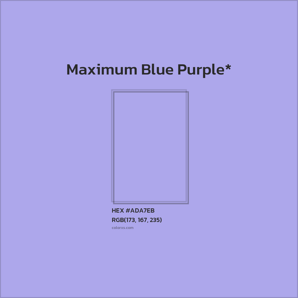 #ADA7EB hex color. RGB, RYB, CMYK, HSL, HSV codes and color conversions. Matching color names, palettes, paints.