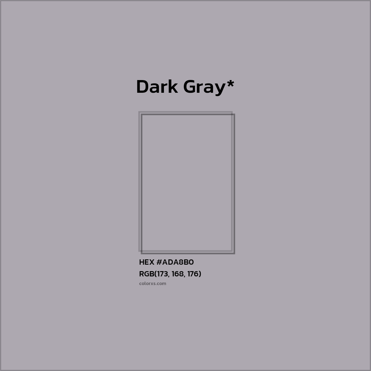 #ADA8B0 hex color. RGB, RYB, CMYK, HSL, HSV codes and color conversions. Matching color names, palettes, paints.