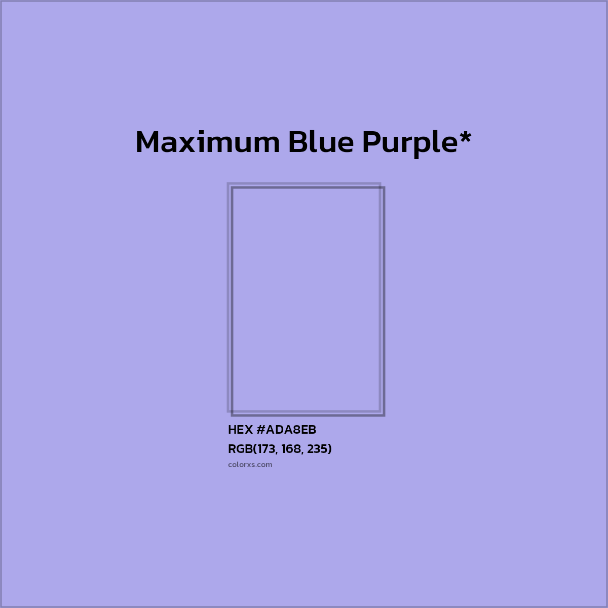 #ADA8EB hex color. RGB, RYB, CMYK, HSL, HSV codes and color conversions. Matching color names, palettes, paints.