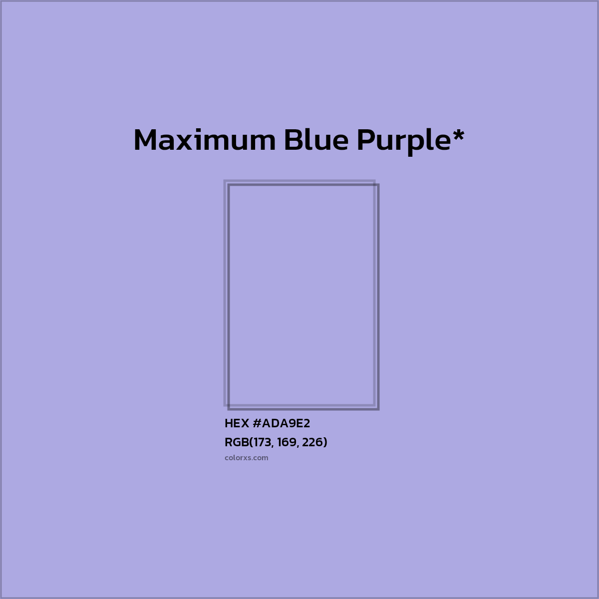 #ADA9E2 hex color. RGB, RYB, CMYK, HSL, HSV codes and color conversions. Matching color names, palettes, paints.