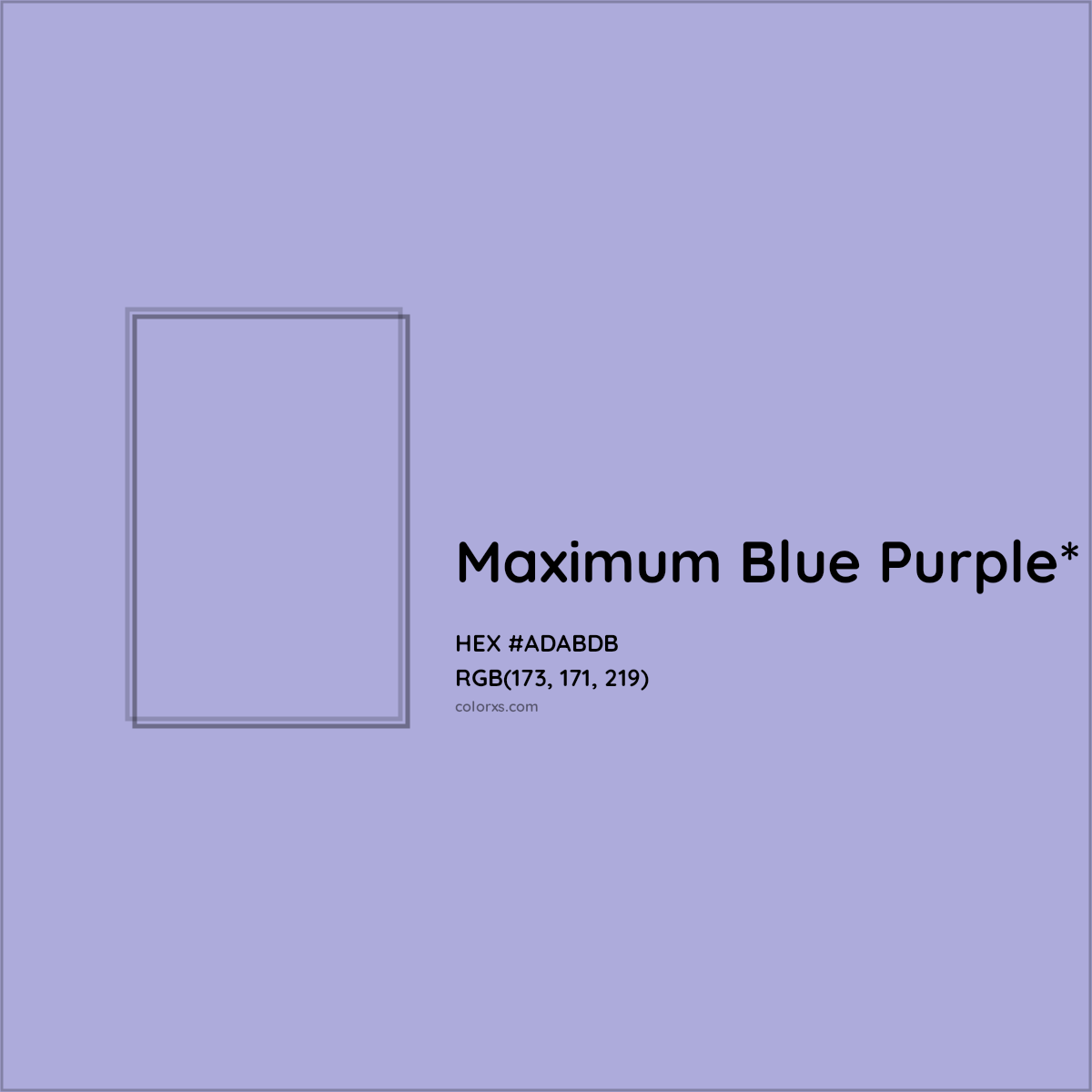 #ADABDB hex color. RGB, RYB, CMYK, HSL, HSV codes and color conversions. Matching color names, palettes, paints.