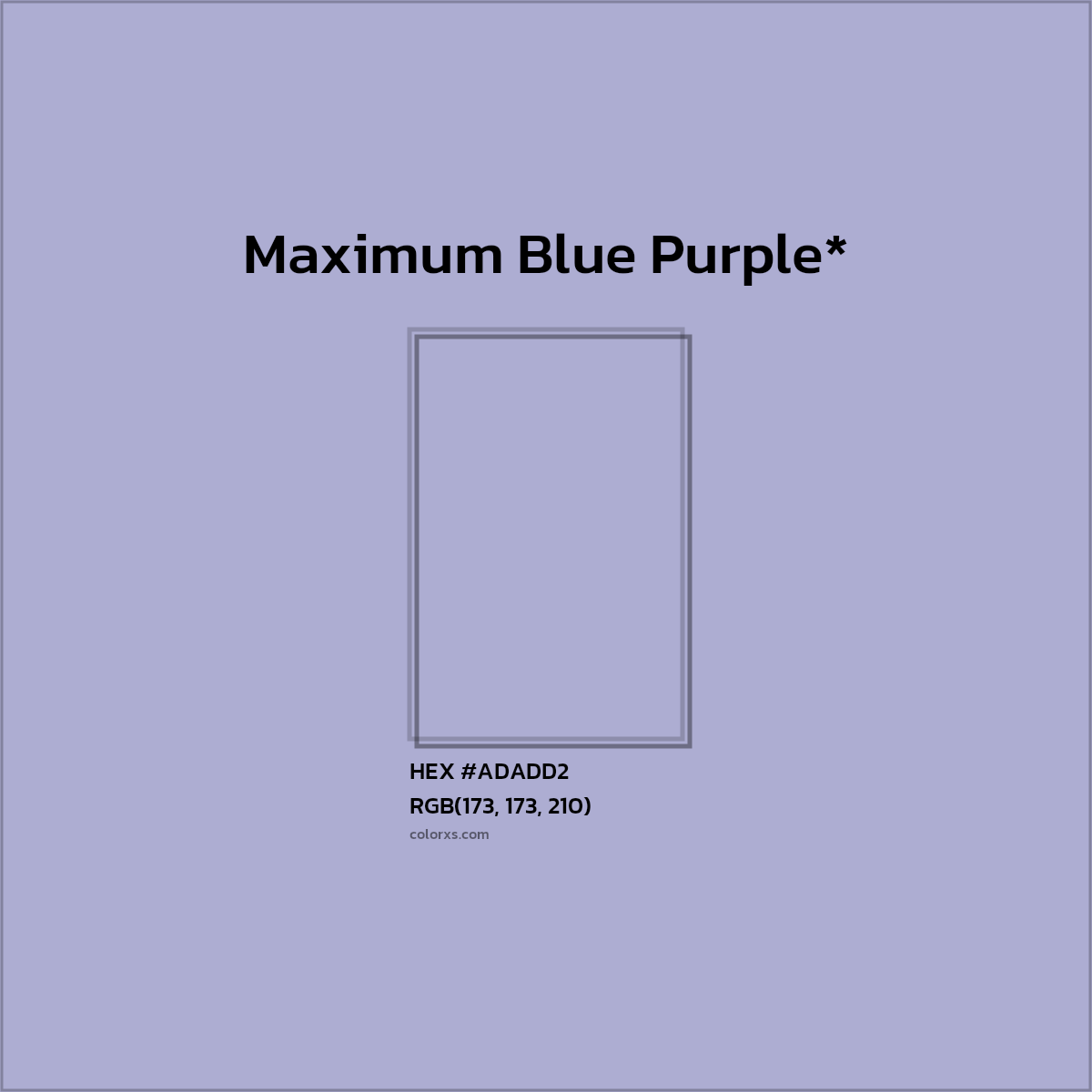 #ADADD2 hex color. RGB, RYB, CMYK, HSL, HSV codes and color conversions. Matching color names, palettes, paints.