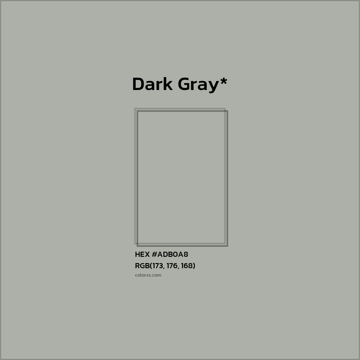 #ADB0A8 hex color. RGB, RYB, CMYK, HSL, HSV codes and color conversions. Matching color names, palettes, paints.