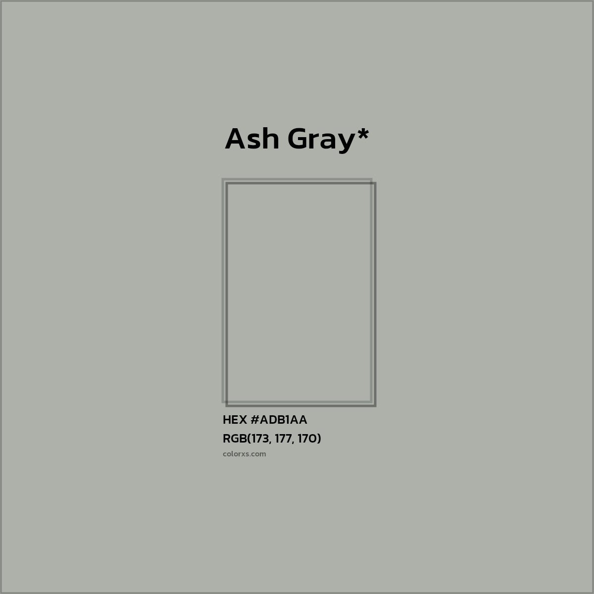 #ADB1AA hex color. RGB, RYB, CMYK, HSL, HSV codes and color conversions. Matching color names, palettes, paints.