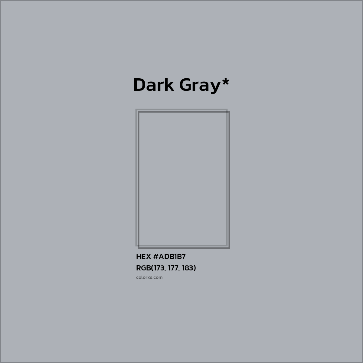 #ADB1B7 hex color. RGB, RYB, CMYK, HSL, HSV codes and color conversions. Matching color names, palettes, paints.