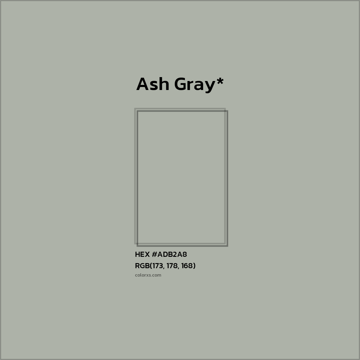 #ADB2A8 hex color. RGB, RYB, CMYK, HSL, HSV codes and color conversions. Matching color names, palettes, paints.
