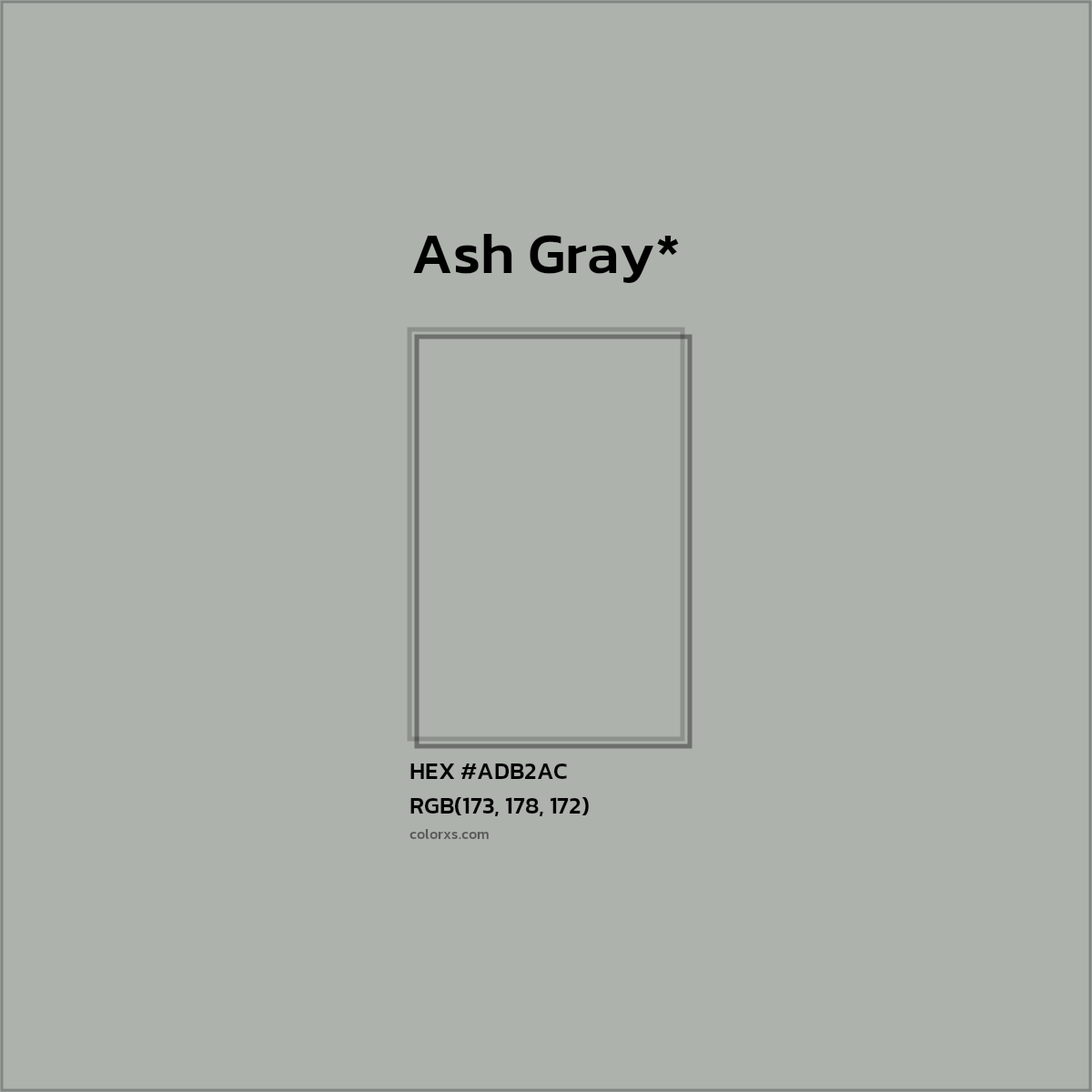 #ADB2AC hex color. RGB, RYB, CMYK, HSL, HSV codes and color conversions. Matching color names, palettes, paints.