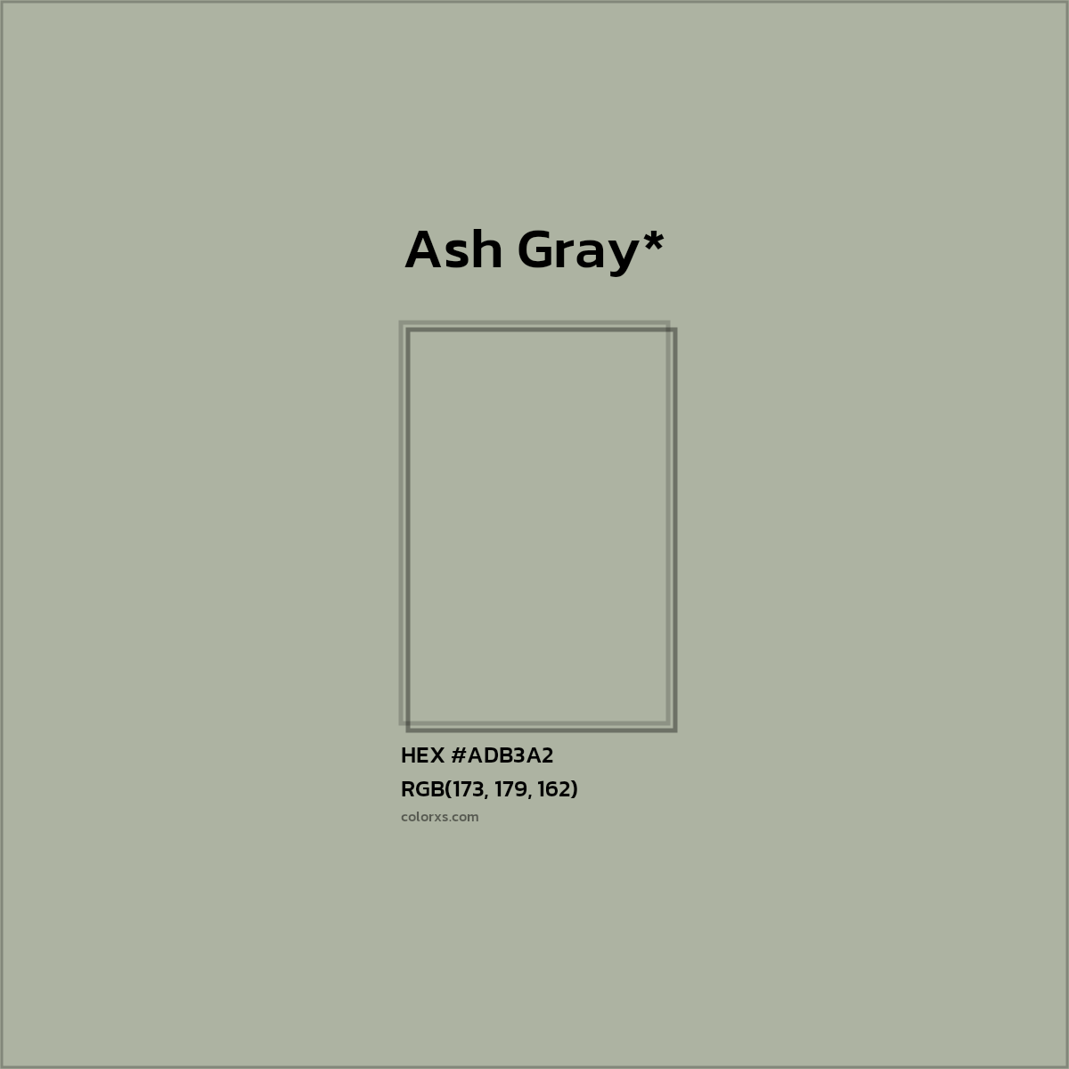 #ADB3A2 hex color. RGB, RYB, CMYK, HSL, HSV codes and color conversions. Matching color names, palettes, paints.