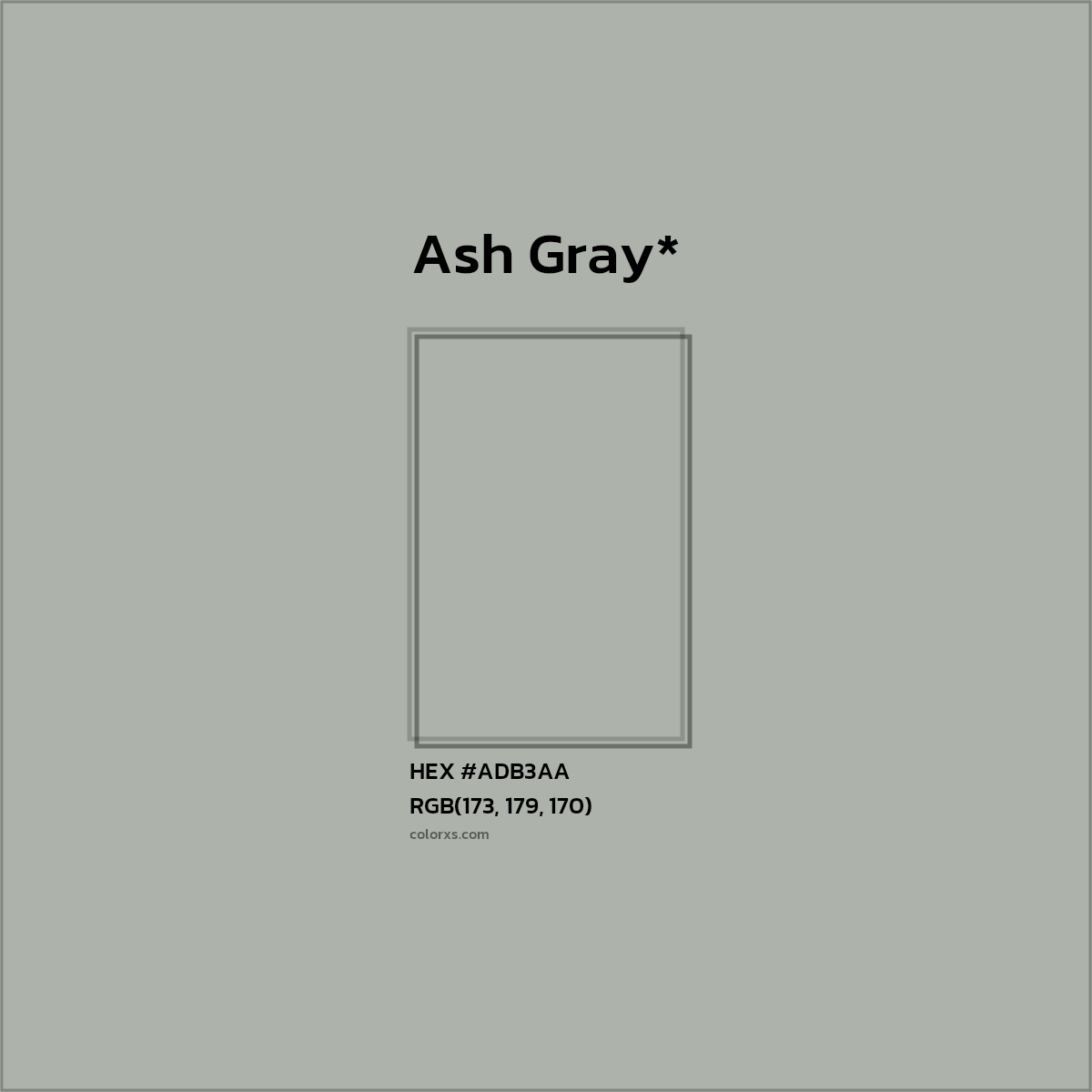 #ADB3AA hex color. RGB, RYB, CMYK, HSL, HSV codes and color conversions. Matching color names, palettes, paints.