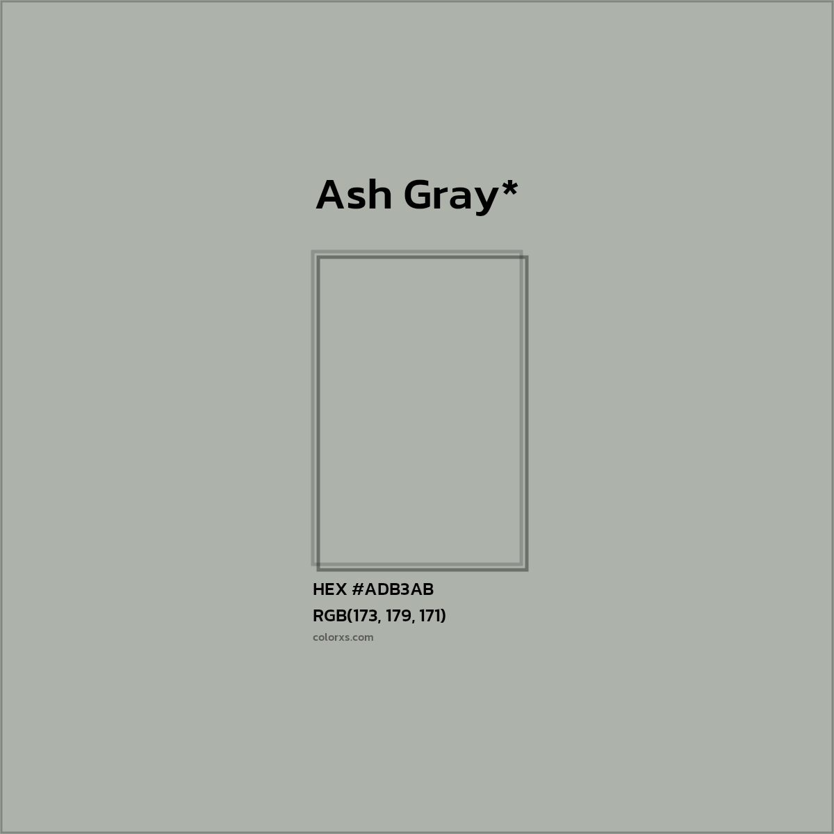 #ADB3AB hex color. RGB, RYB, CMYK, HSL, HSV codes and color conversions. Matching color names, palettes, paints.