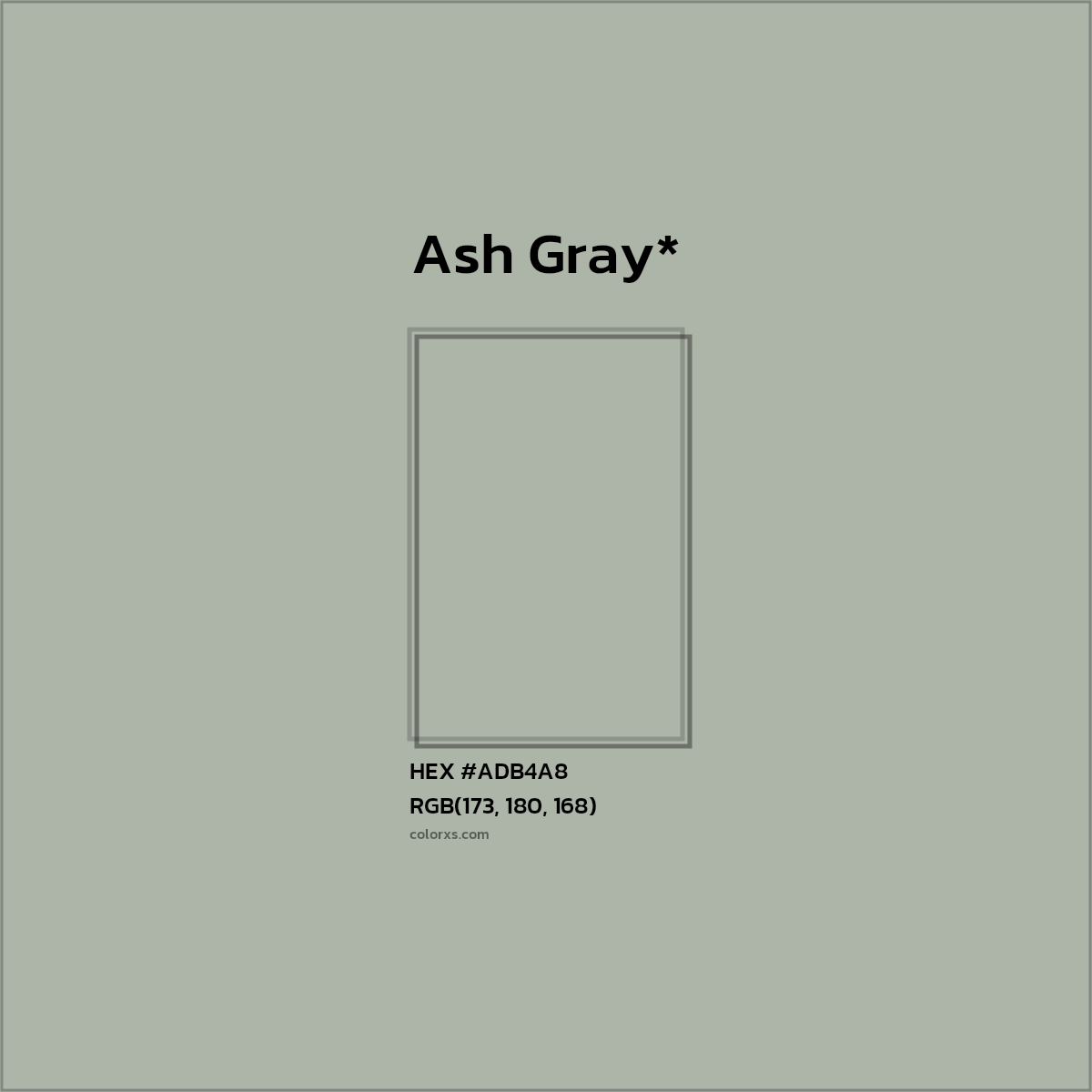 #ADB4A8 hex color. RGB, RYB, CMYK, HSL, HSV codes and color conversions. Matching color names, palettes, paints.