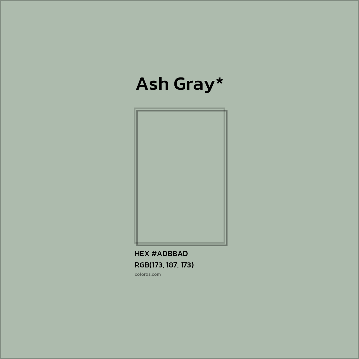 #ADBBAD hex color. RGB, RYB, CMYK, HSL, HSV codes and color conversions. Matching color names, palettes, paints.