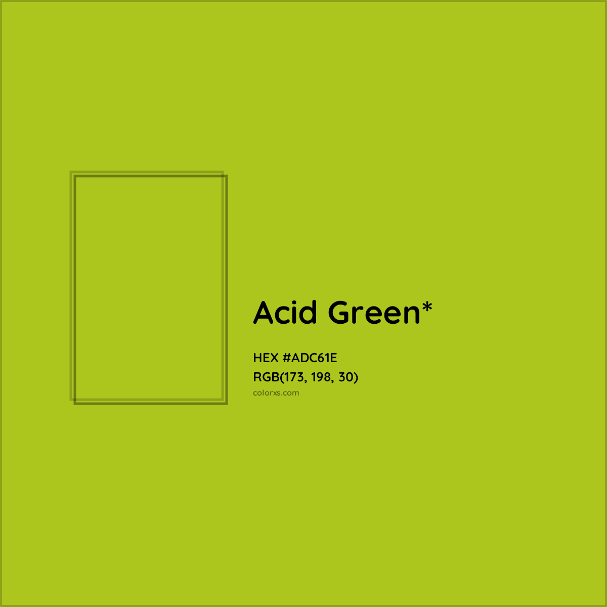 #ADC61E hex color. RGB, RYB, CMYK, HSL, HSV codes and color conversions. Matching color names, palettes, paints.