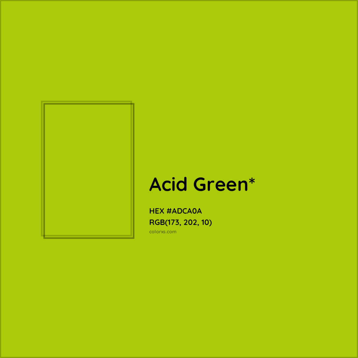 #ADCA0A hex color. RGB, RYB, CMYK, HSL, HSV codes and color conversions. Matching color names, palettes, paints.