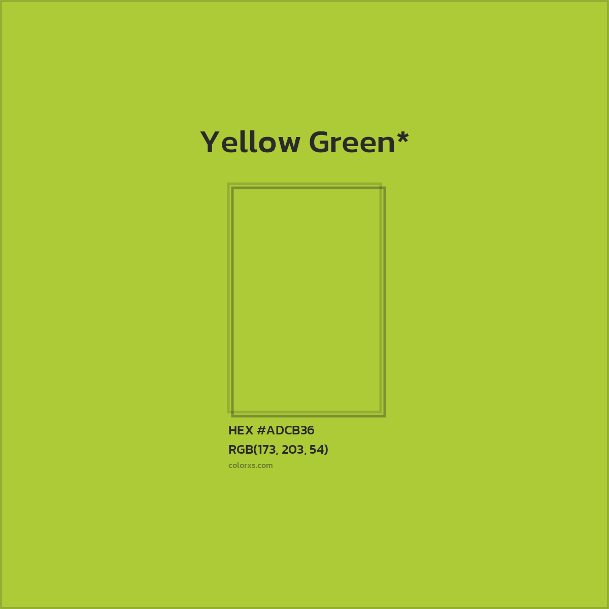 #ADCB36 hex color. RGB, RYB, CMYK, HSL, HSV codes and color conversions. Matching color names, palettes, paints.