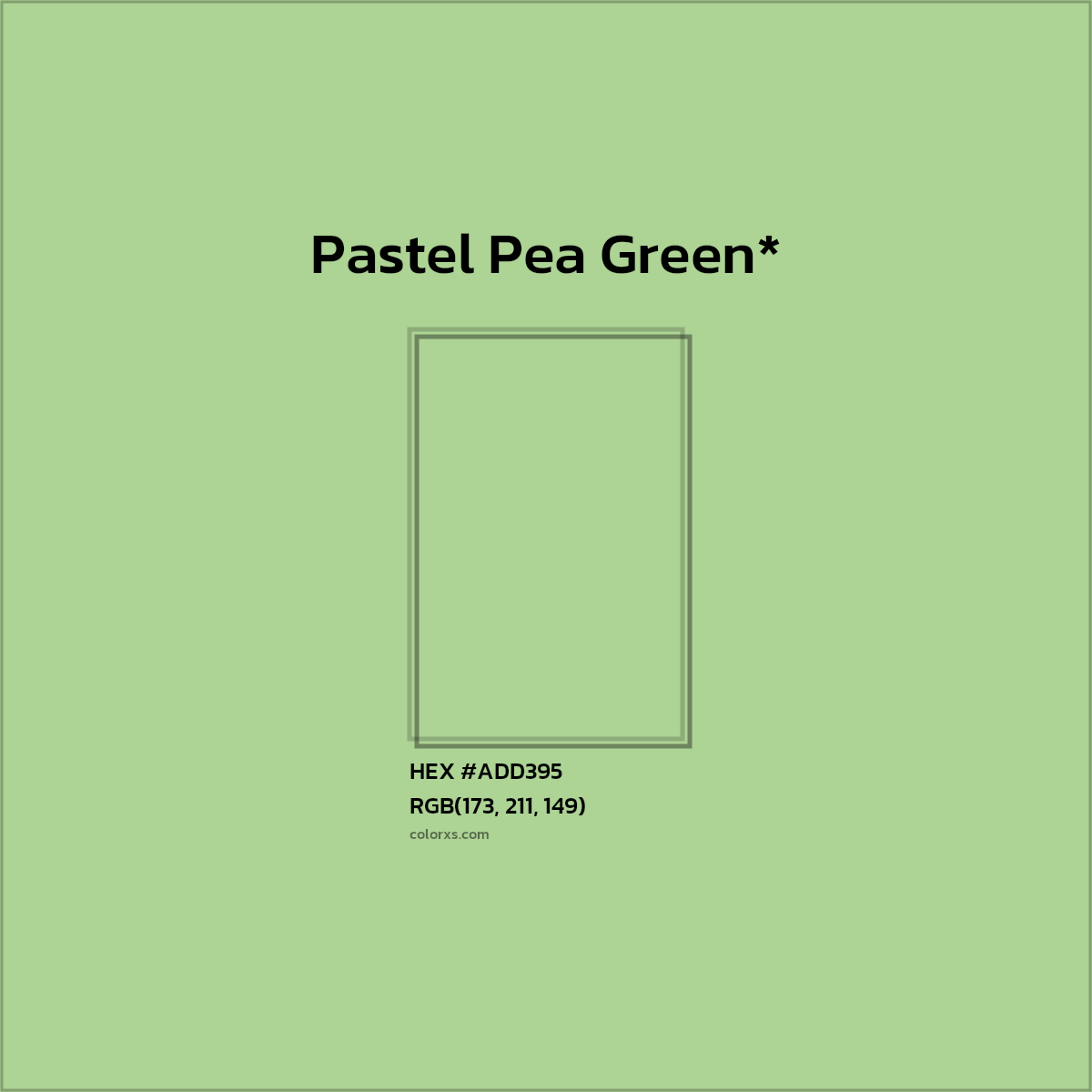 #ADD395 hex color. RGB, RYB, CMYK, HSL, HSV codes and color conversions. Matching color names, palettes, paints.
